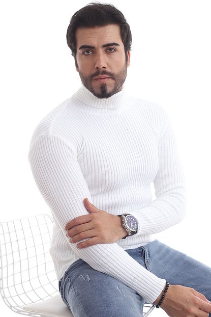 Chokmoda Erkek Beyaz Balikci Yaka Slim Fit Fitilli Triko Kazak Trendyol