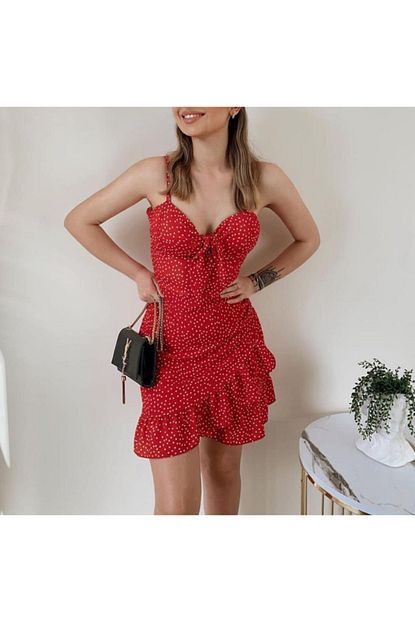 Bee Moda Kadin Kirmizi Ip Askili Puantiyeli Elbise Trendyol