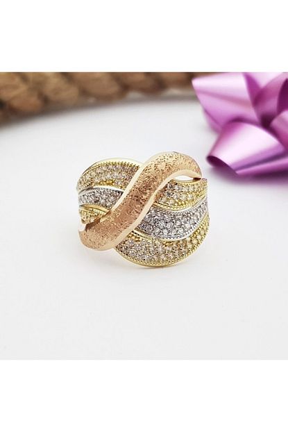Altinplaza 3 Renkli Pave Altin Yuzuk Yz01483 Trendyol