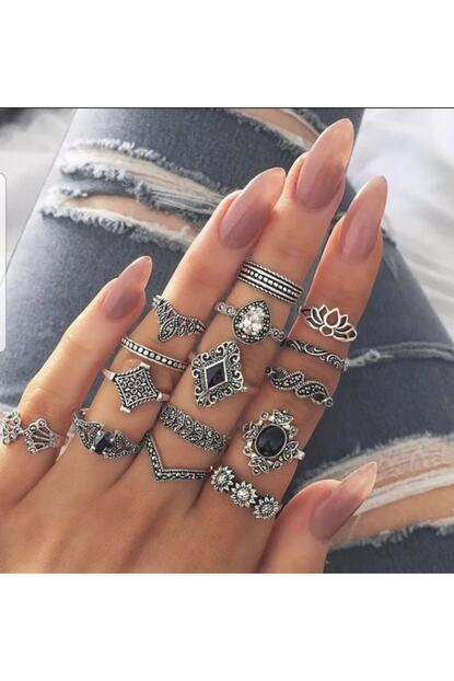 Pinkimaj Eklem Yuzuk Seti 15 Li Kaliteli Siyah Tasli Lotus Cicegi Model Magaza Trendyol