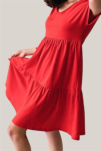 Curly Store Kadin Kirmizi V Yaka Buzgulu Kisa Kollu Elbise Trendyol