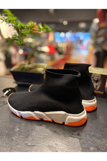 Novelya Erkek Siyah Turuncu Corapli Yuksek Taban Sneakers Ayakkabi Trendyol