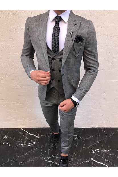 Bycool Fashion Erkek Gri Italyan Kesim Ceket Yelek Pantolon Kravat Yaka Zinciri Takim Trendyol
