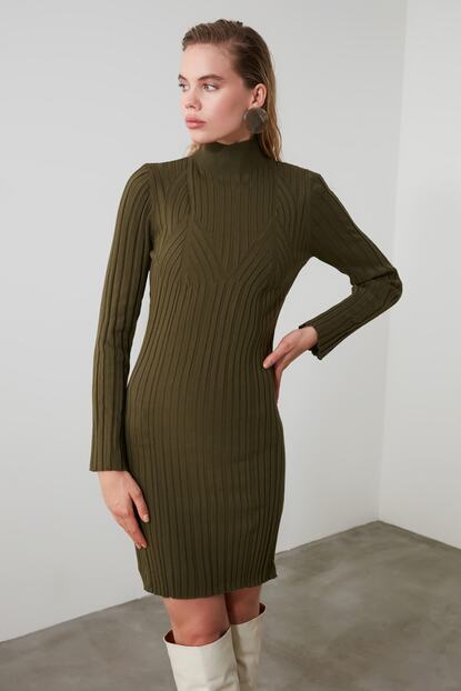 Trendyolmilla Haki Orgu Detayli Triko Elbise Twoaw21el0039 Trendyol