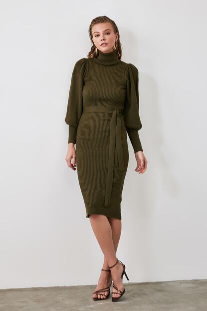 Trendyolmilla Haki Baglama Detayli Triko Elbise Twoaw21el0974 Trendyol