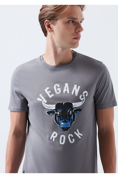 Mavi Erkek Gri Vegans Rock Baskili Tisort Trendyol