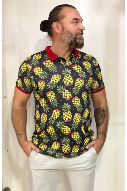 Amor Man Erkek Siyah Ananas Desenli Polo Yaka T Shirt Trendyol