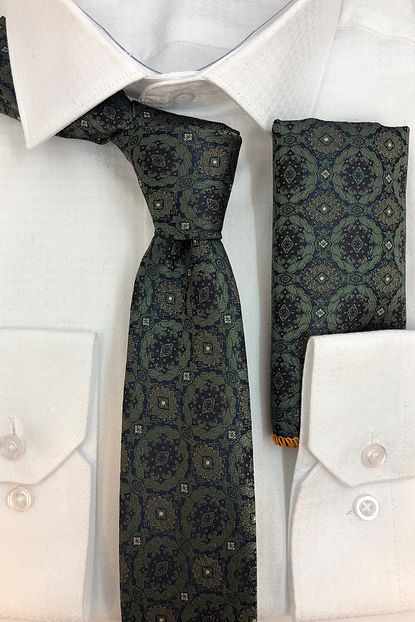 Quesste Accessory Erkek Yesil Lacivert Desenli Kravat Mendil Set Trendyol