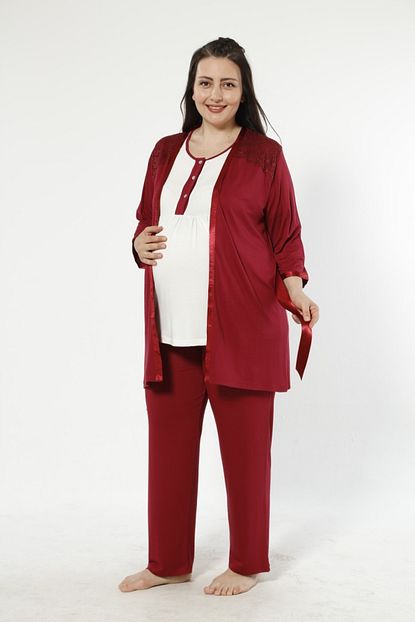 Diren Tekstil Kadin Kirmizi Sabahlikli Lohusa Pijama Takimi Trendyol