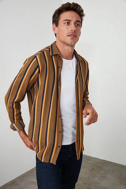 Trendyol Man Haki Erkek Cizgili Gomlek Yaka Uzun Kollu Regular Viskon Gomlek Tmnaw21go0366 Trendyol