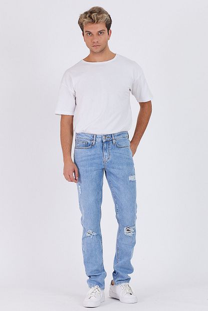 Denigma Erkek Mavi Yirtik Detayli Slim Fit Jeans Trendyol