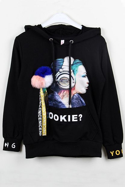 Enisena Erkek Cocuk Siyah Digital Baskili Puflu Kapusonlu Sweatshirt 10 14 Yas Trendyol
