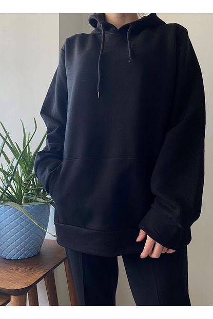 Aleyar Kadin Siyah Kapsonlu Arkasi Yazili Sweatshirt Trendyol
