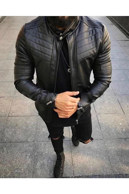Marka Krali Erkek Siyah Slim Fit Kollari Fermuarli Deri Mont Kaban Trendyol