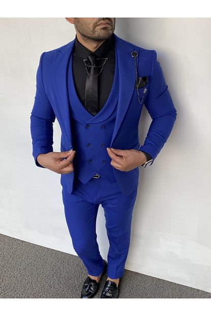 Phimoda Erkek Saks Mavisi Italyan Kesim Ceket Yelek Pantolon Takim Elbise Trendyol
