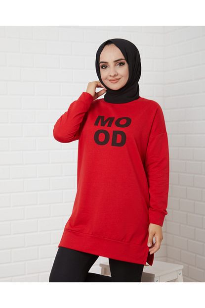 Tesetturcemoda Kadin Kirmizi Mood Baskili Tesettur Sweatshirt Trendyol