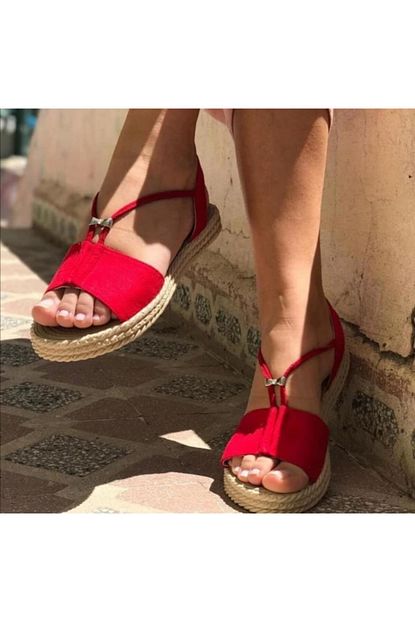 Inceayakkabi Hasir Tabanli Ustu Suet Sandalet Kirmizi Trendyol