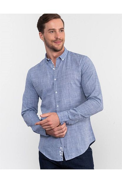 Tudors Erkek Mavi Slim Fit Keten Gomlek Trendyol