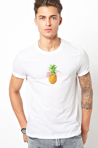 Collage Suyu Smoothie Ananas Cizim Meyve Ananas Baskili Beyaz Erkek Orme Tshirt T Shirt Tisort T Shirt Trendyol