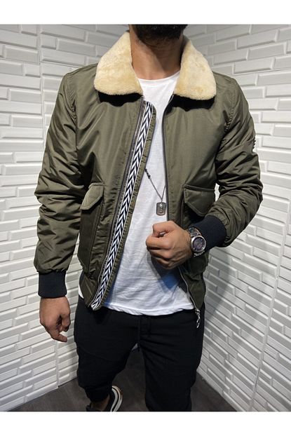 Ikonamoda Erkek Haki Yakasi Kurklu Bomber Ceket Trendyol
