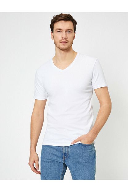 Koton Erkek V Yaka Esnek Kumas Super Slim Fit Basic T Shirt Trendyol