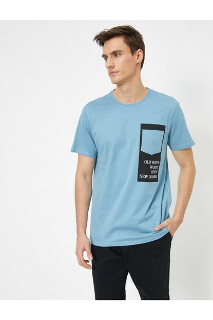 Koton Erkek Mavi Yazili Baskili T Shirt Trendyol