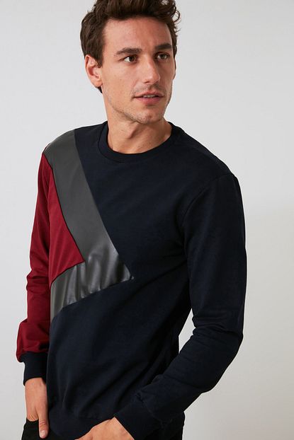 Trendyol Man Lacivert Erkek Bisiklet Yaka Uzun Kollu Deri Parcali Yeni Sweatshirt Tmnaw20sw0242 Trendyol
