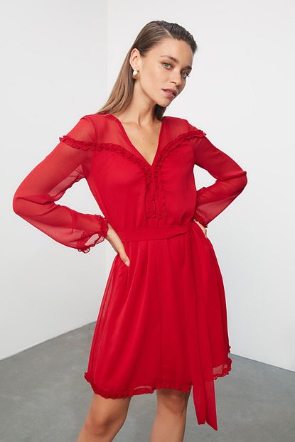 Trendyolmilla Kirmizi Kusakli Sifon Elbise Tprss20el0097 Trendyol