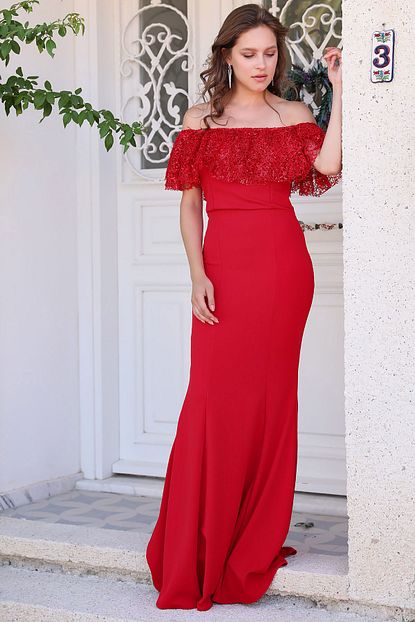 Nesrinden Kadin Kirmizi Kayik Yaka Balik Model Abiye Elbise Trendyol