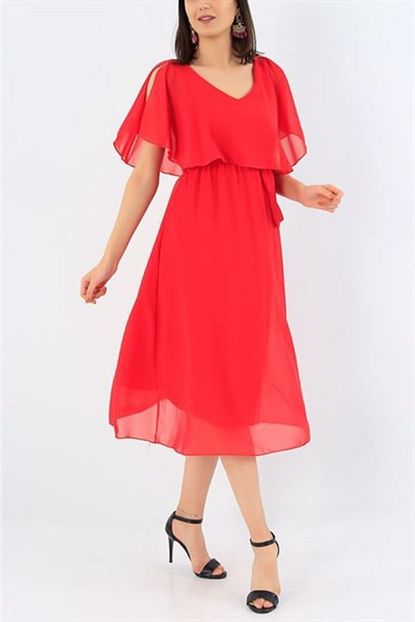 Tugbali Kadin Kirmizi Sifon Astarli Kusakli Midi Boy Elbise Trendyol