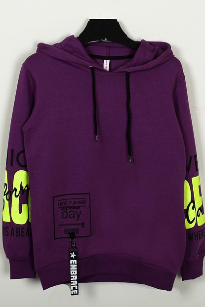 Enisena Kiz Cocuk Mor Kollari Baskili Kapusonlu Sweatshirt 9 14 Yas Trendyol