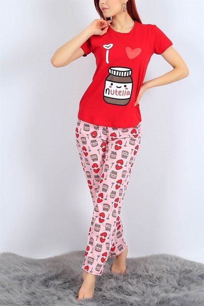 Modabirsen Nutella Baskili Pamuk Likrali Bayan Pijama Takimi Kirmizi Trendyol