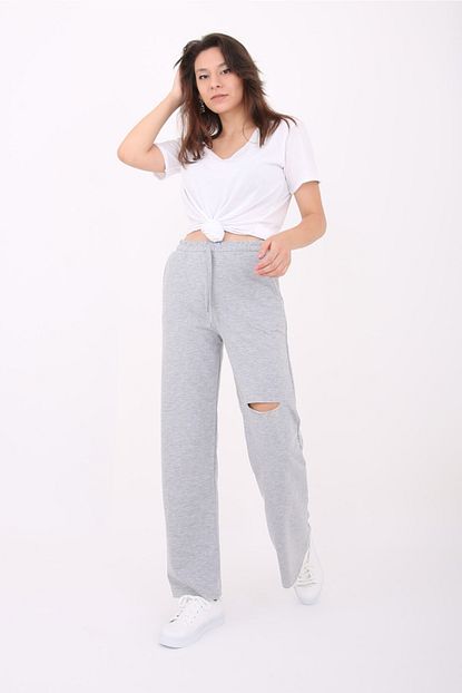 Kutup Moda Kadin Gri Ispanyol Paca Yirtik Esofman Trendyol