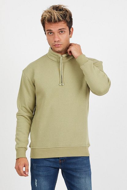 Karpefingo Erkek Haki Bogazli Parcali Sweatshirt Trendyol
