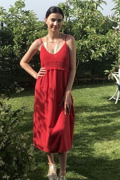 No19 Kadin Kirmizi Askili Keten Elbise Trendyol