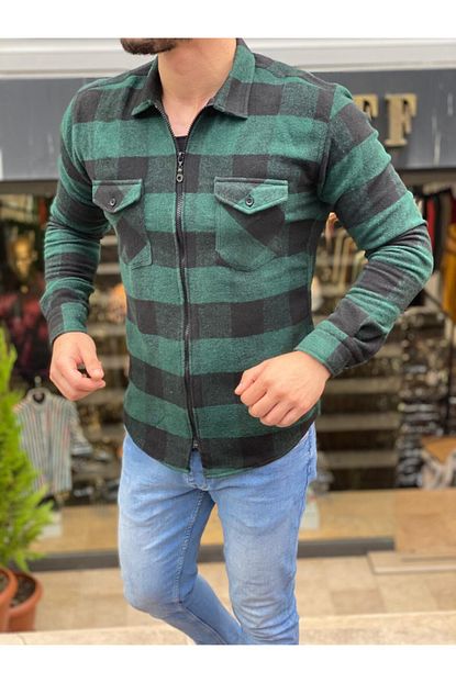 Ukdwear Erkek Yesil Pamuklu Cift Cep Fermuarli Oduncu Gomlek Trendyol