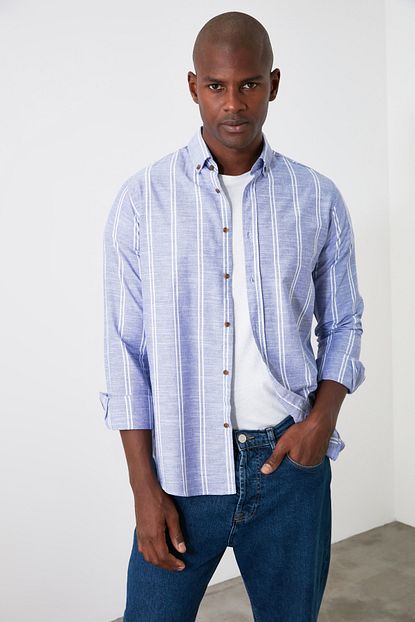Trendyol Man Lacivert Erkek Dugmeli Yaka Ince Cizgili Slim Fit Gomlek Tmnss20go0092 Trendyol