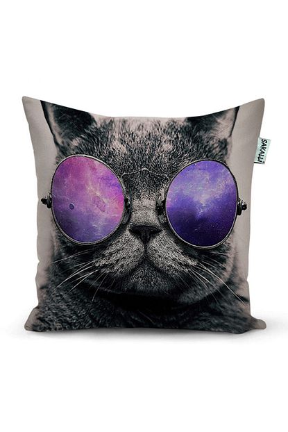 gozluklu kedi desen 3d baskili dekoratif kirlent kilifi