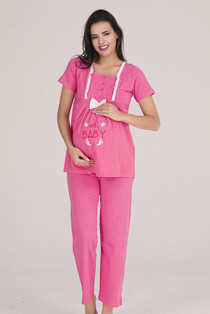 Sevil Giyim Kadin Pembe 4 Dugmeli Fiyonklu Nakisli Hamile Pijama Takimi Trendyol