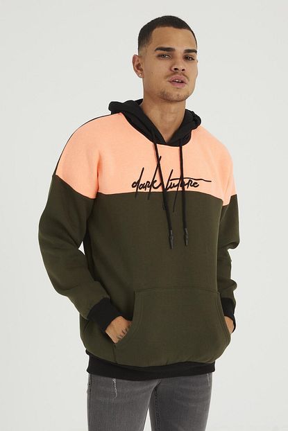 Superbluemexico Erkek Haki Over Size Parcali On Nakisli Sweatshirt Trendyol