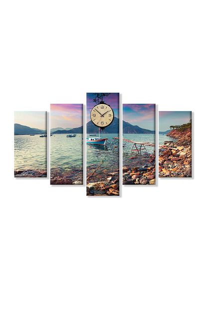 antalya deniz manzara 5 parcali saatli kanvas tablo
