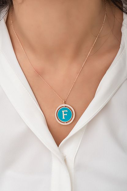 papatya silver f harfi kolye cift