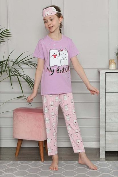sevimli kediler maskeli penye kiz cocuk pijama