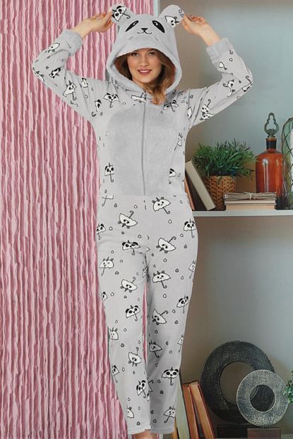 pijamaevi kadin gri panda desenli polar pelus tulum pijama takimi fiyati yorumlari trendyol