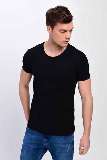 Men's Black Large Size Crew Neck Lycra Basic T-Shirt T338