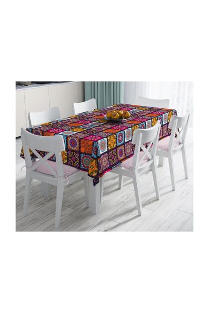 Checkered Ethnic Patterned Special Design Stain Resistant Tablecloth-140x220 Cm