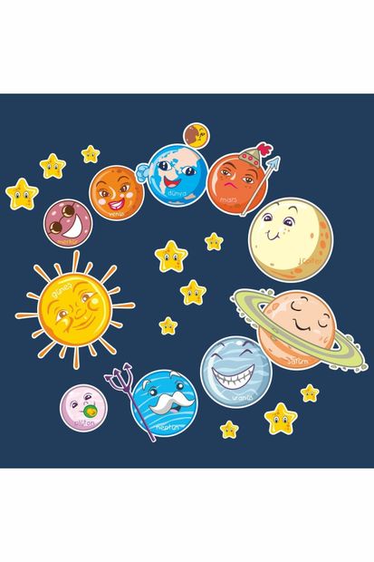 Çizgisel Reklam Güneş Sistemi Gezegenler Yıldız Sticker Çocuk Bebek Odası Dekorasyon Duvar Etiket - 2