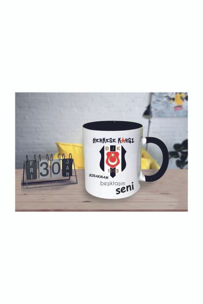 KupaLab Beşiktaş Taraftarlarına Özel Logo Baskılı Taraftar Bardağı Seramik Desenli Siyah Kupa Bardak - 1