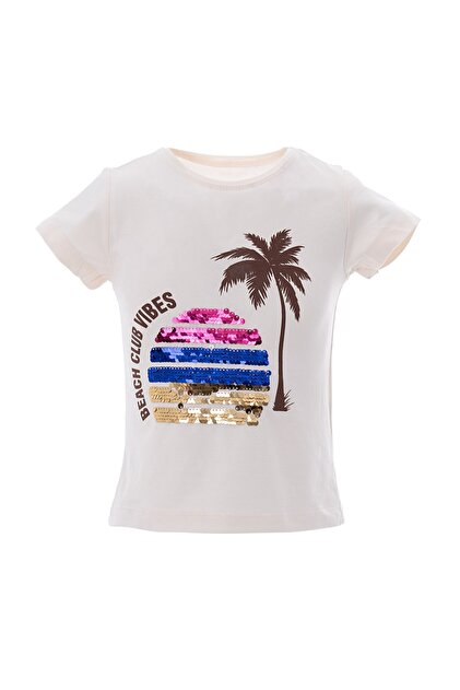 AcarKids Kız Çocuk Tişört Palmiye Baskı Pul Payetli T-Shirt 3-7 Yaş Pudra - 1