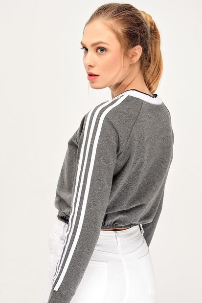 HDS Hadise Antrasit Kolları Şeritli Baskılı Sweatshirt 6601T - 3